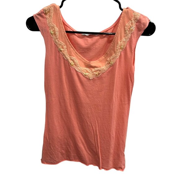 Couleurs De Rose Coral Pink Embellished Lace V Neck Sleeveless Top Sz Medium - Picture 1 of 9